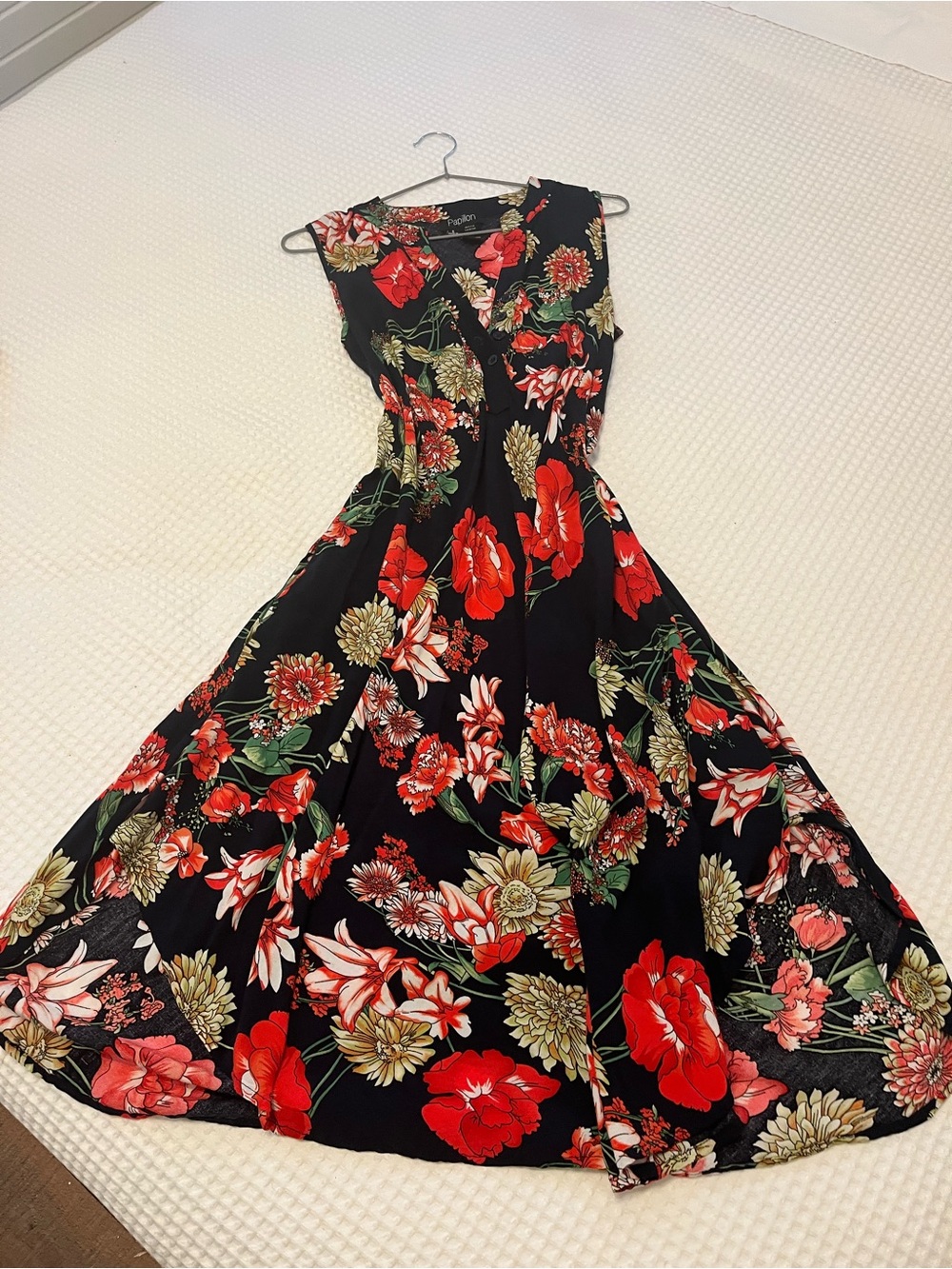 Papillon Blanc Black Maxi Dress with Red & Green Floral Print